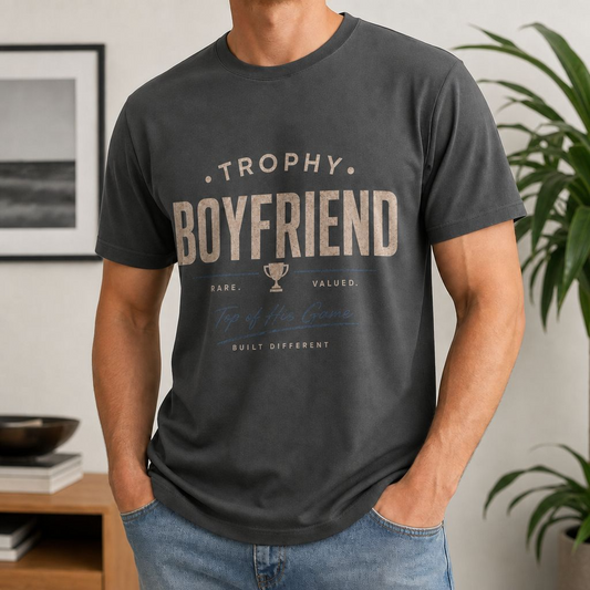 Trophy Boyfriend T-shirt | Vintage Athletics Typography, Casual Tee