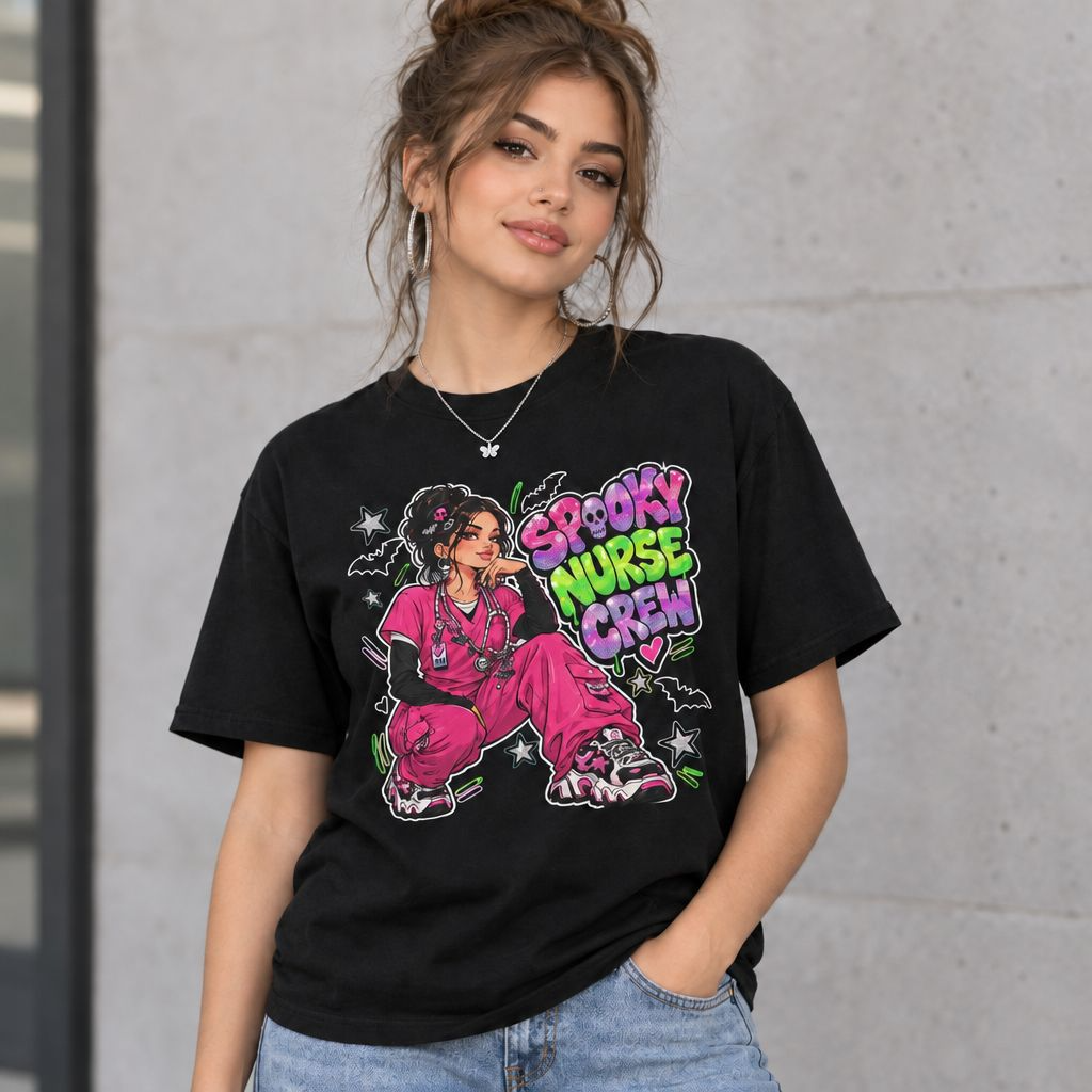 Spooky Nurse Crew T-Shirt | Halloween Medical Scrub Art
