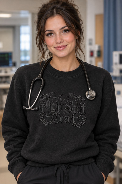Night Shift Crew Embroidered sweatshirt | Halloween bats gothic script