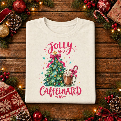 Jolly and Caffeinated Christmas Tree T-Shirt | Holiday Coffee Tee