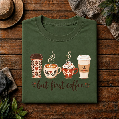 But First Coffee T-Shirt | Cute Coffee Cups Illustration, Cozy Morning Tee