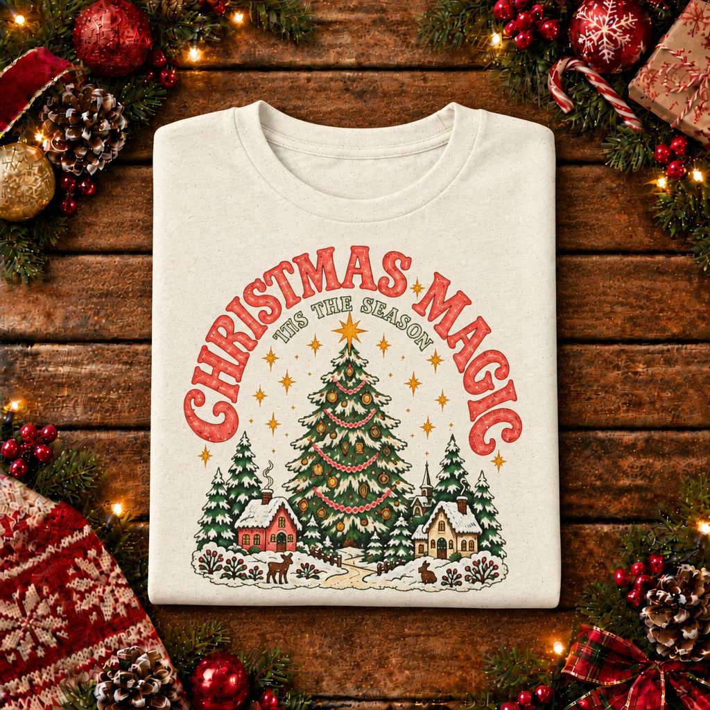 Christmas Magic Tree T-Shirt | Cozy Village Holiday Design