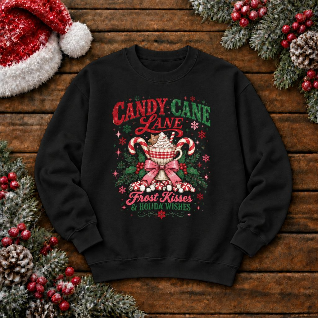 Candy Cane Lane graphic Sweatshirt | Frost Kisses & Cocoa Wishes, Christmas sweatshirt