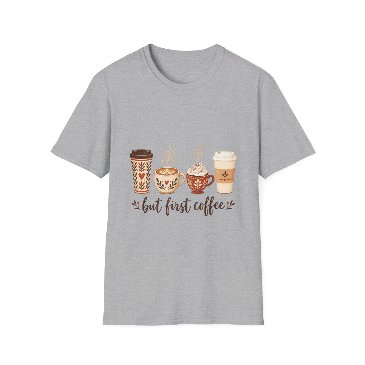 But First Coffee T-Shirt | Cute Coffee Cups Illustration, Cozy Morning Tee