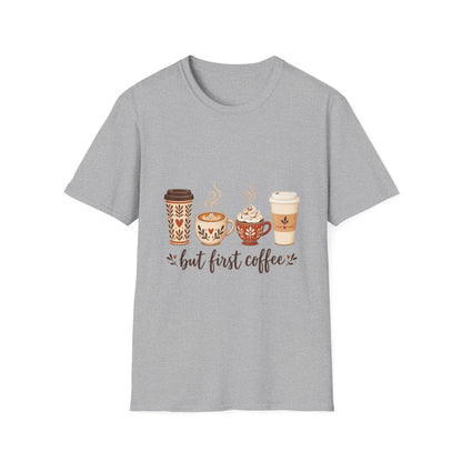 But First Coffee T-Shirt | Cute Coffee Cups Illustration, Cozy Morning Tee