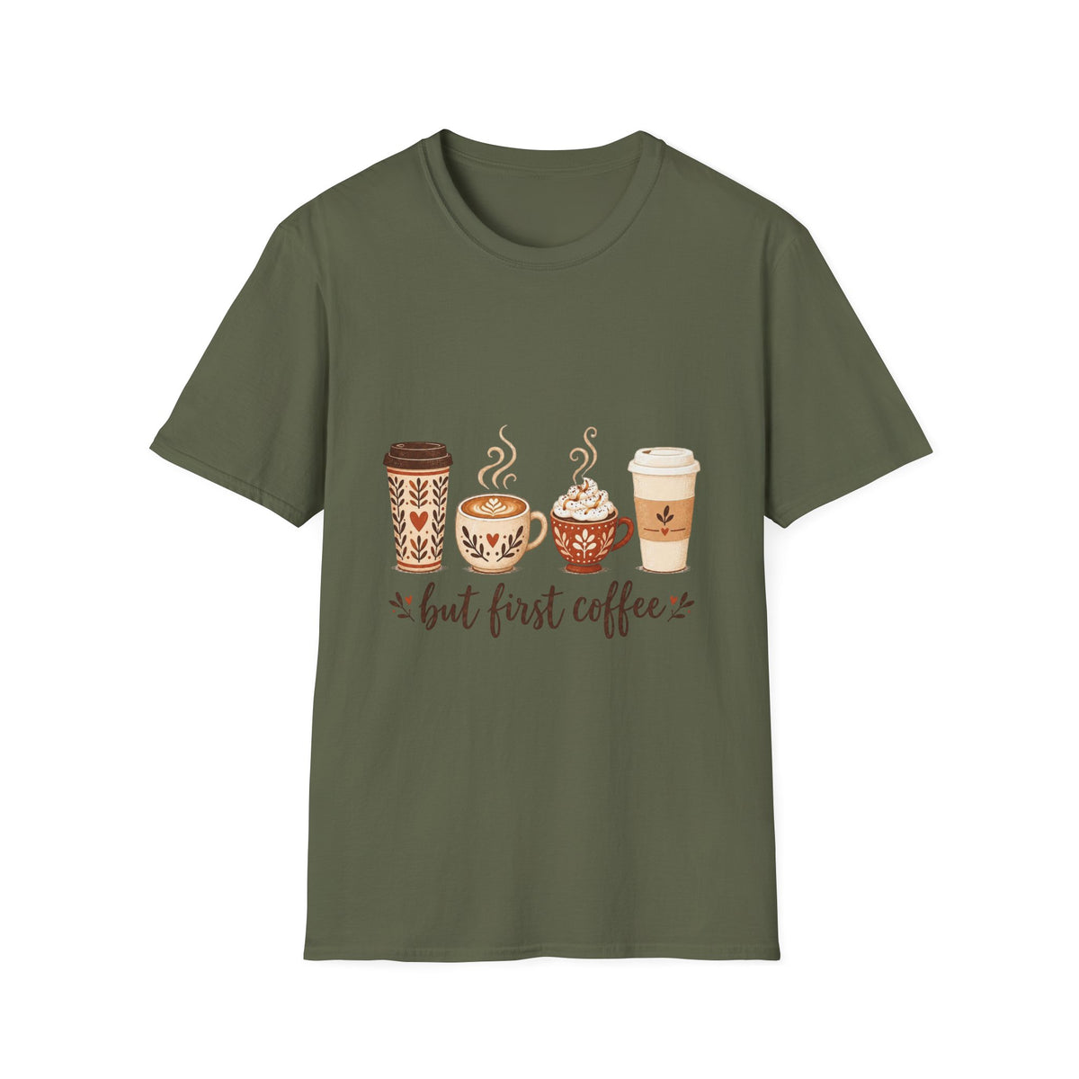 But First Coffee T-Shirt | Cute Coffee Cups Illustration, Cozy Morning Tee