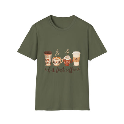 But First Coffee T-Shirt | Cute Coffee Cups Illustration, Cozy Morning Tee