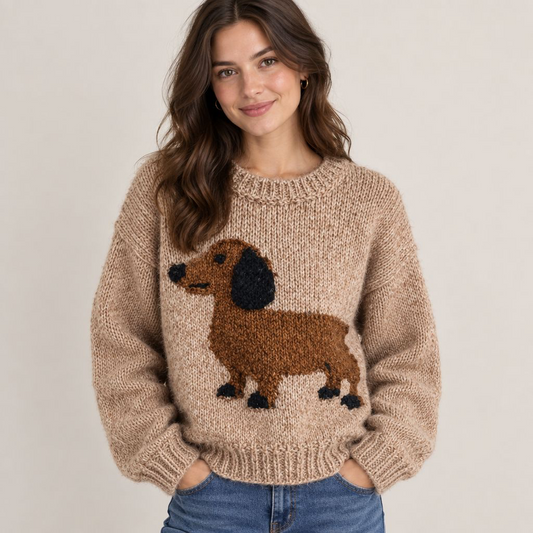 Dachshund Dropped Shoulder Sweater Vintage Style Cottagecore Animal Knit Sweater