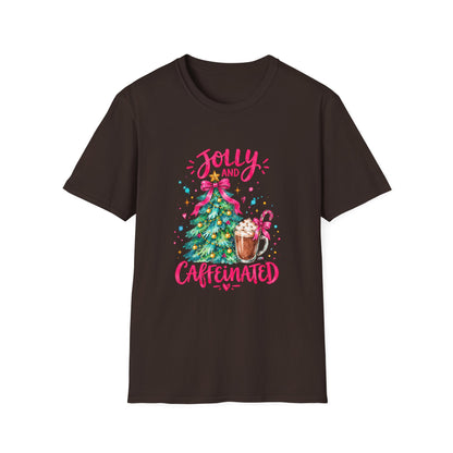 Jolly and Caffeinated Christmas Tree T-Shirt | Holiday Coffee Tee