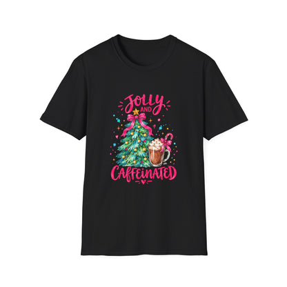 Jolly and Caffeinated Christmas Tree T-Shirt | Holiday Coffee Tee