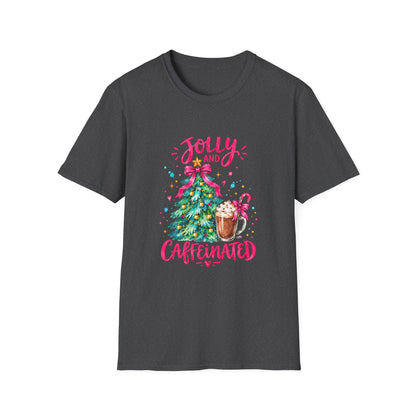 Jolly and Caffeinated Christmas Tree T-Shirt | Holiday Coffee Tee