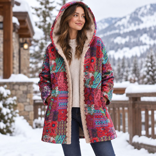 Bohemian Patchwork Fleece Lined Hooded Outerwear